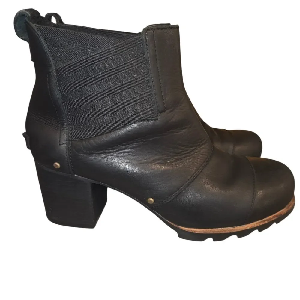 SOREL Womens Addington Chelsea Black Leather Chunky Heel Boots Size 9